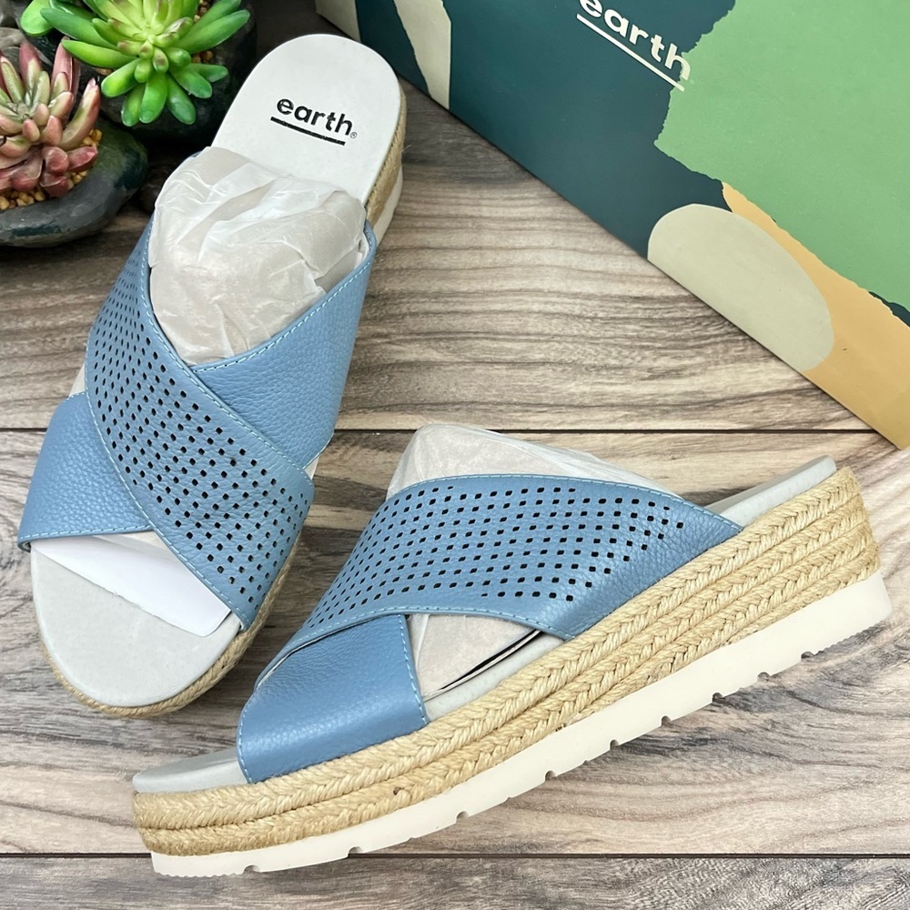Earth Modena Marigold Espadrille Platform Wedge Slide Sandal 8.5M Blue Leather